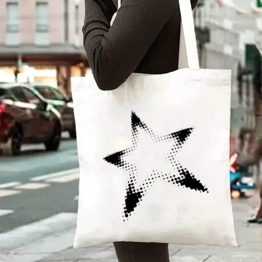 

Minimalist Halftone Black Star Graphic Canvas Tote Bag Casual White Shoulder Bag with Dotted Star Print for Daily Use White