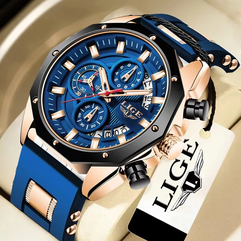 LIGE 럭셔리 밀리터리 남성용 시계 방수 야광 날짜 스포츠 남성 손목시계 크로노그래프 실리콘 스트랩 쿼츠 남성 시계