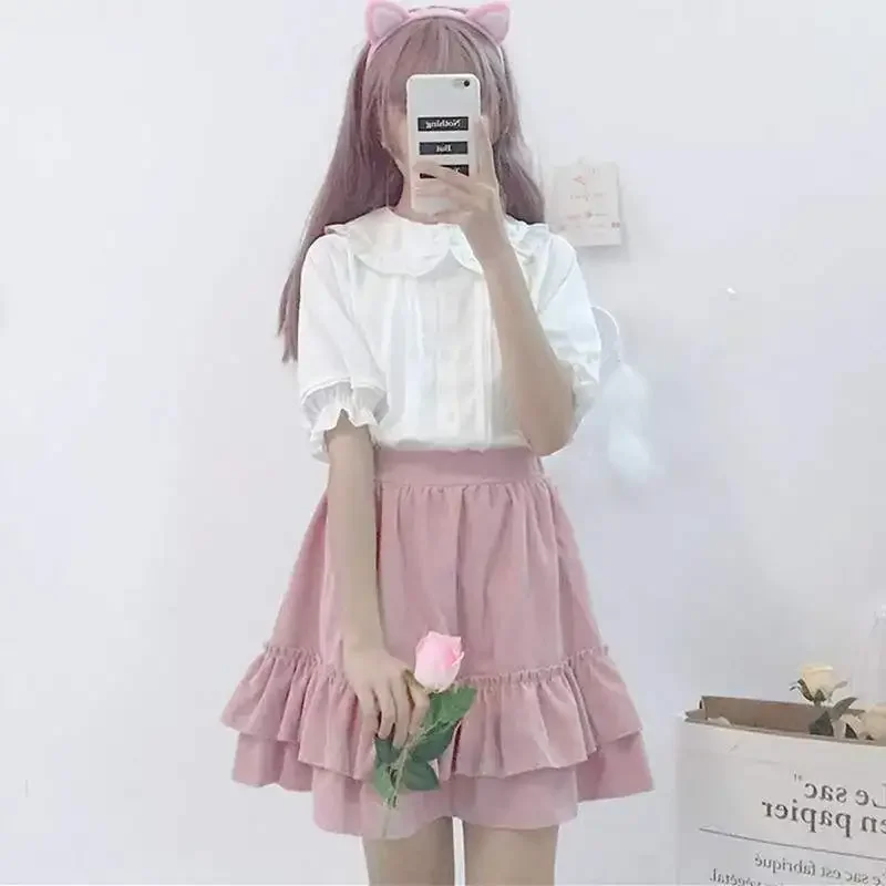 QWEEK Japanese Sweet Lolita Style Blouses Women Kawaii Peter Pan Collar JK Shirts Girls Cute Ruffles Short Puff Sleeve White Top