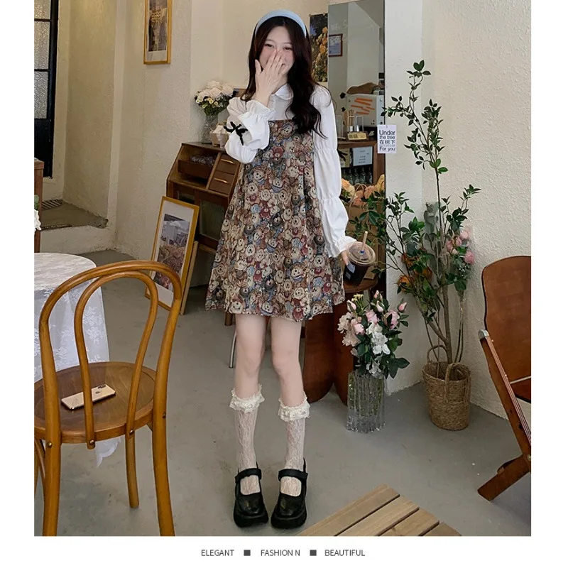 Summer Sweet Women Clothing Bow Long-sleeved Shirt Female Fashion Dress Fake 2pcs Bear Strap Mini Dress A-line Loose Y2k Dresses