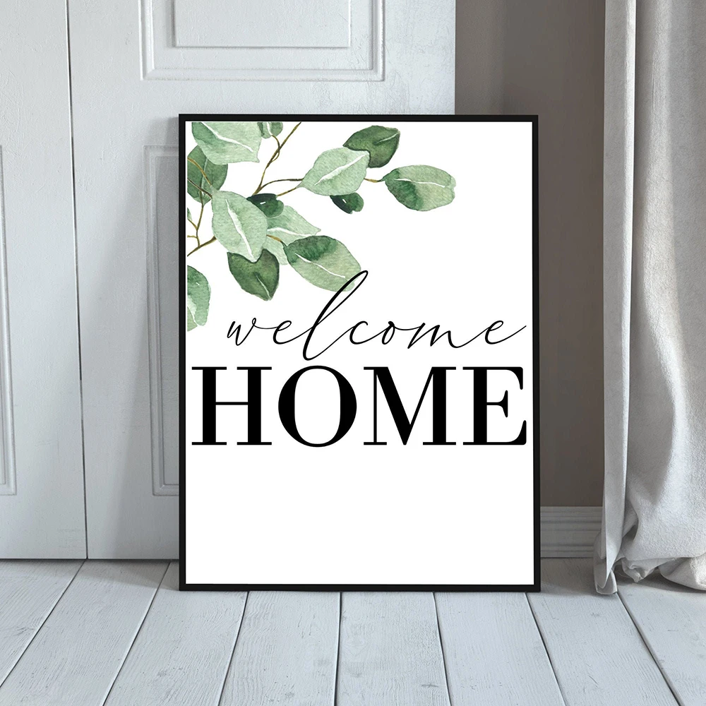 Nordic Welcome Home Quote Eucalyptus Poster Canvas Painting Greenery Wall Art Entry Way Sign Pictures for Living Room Home Decor