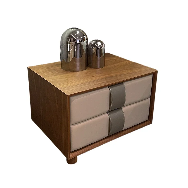 

*Italian Light Luxury Leather Bedside Table High-end Designer Saddle Leather Hard Leather Handle Minimalist Walnut Bedside Table