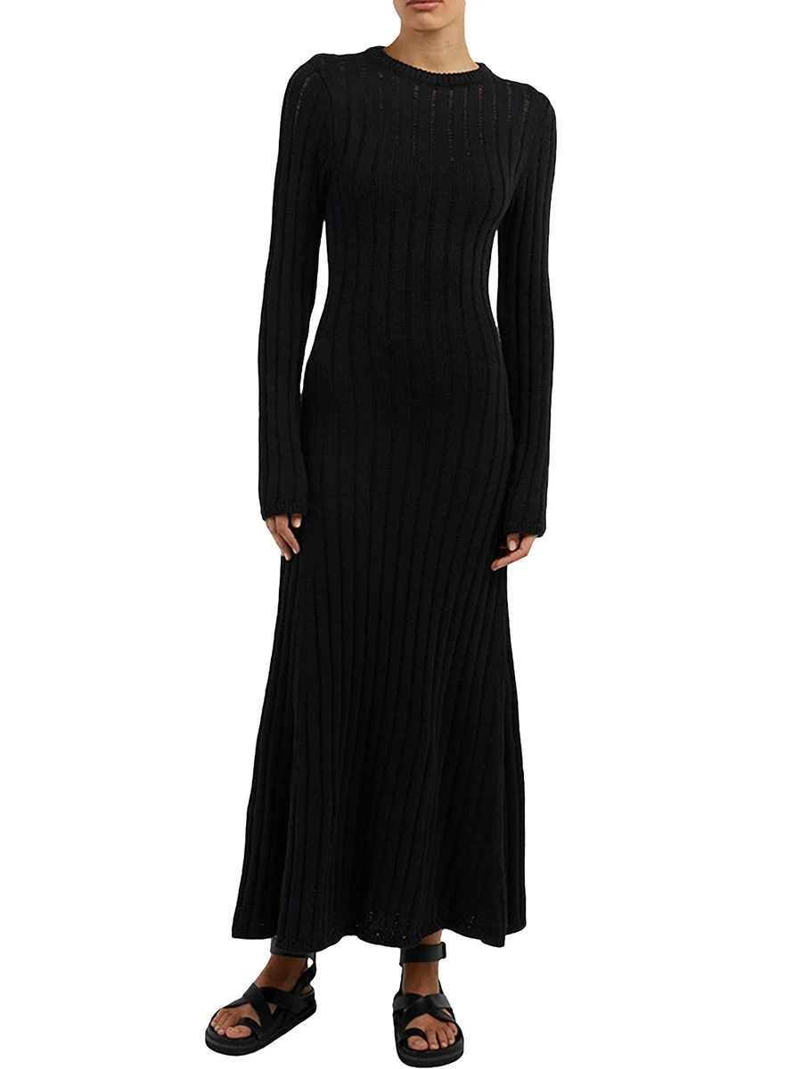 

Women Knitted Sweater Dress Autumn Winter Slim Maxi Dress Solid Color Casual Warm Long Sleeve Party Long Dress for Fall