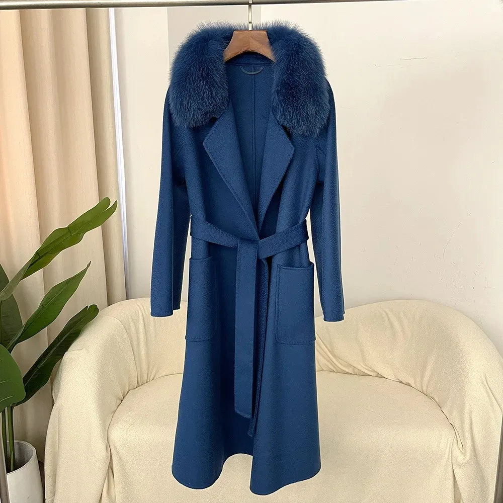 New natural fur fur jacket Autumn and winter real fox fur collar real wool coat Women\'s mid-length coat removable fur collar