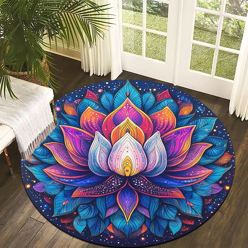 Cosmic Lotus Style Flannel-printed round floor mats are slip-resistant Suitable for living room bedroom terrace garden carpets