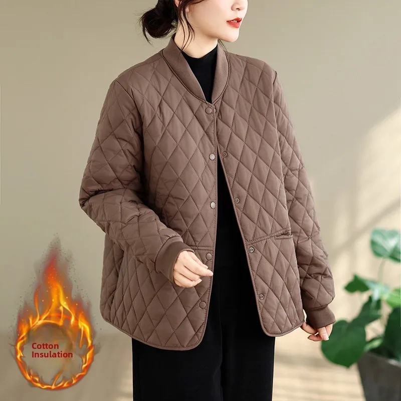 Slim Fit Diamond Pattern Light Weight Cotton Jacket Pure Color Casual Style Women's Autumn Winter Fashion Retro Lady Coat