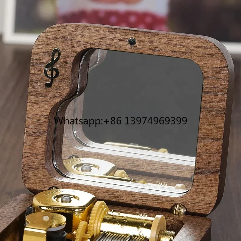 Natural Wooden Music Box Gold-Plated Sankyo Movement Wind Square Musical Mirror Christmas Birthday Valentine's Day Custom Logo