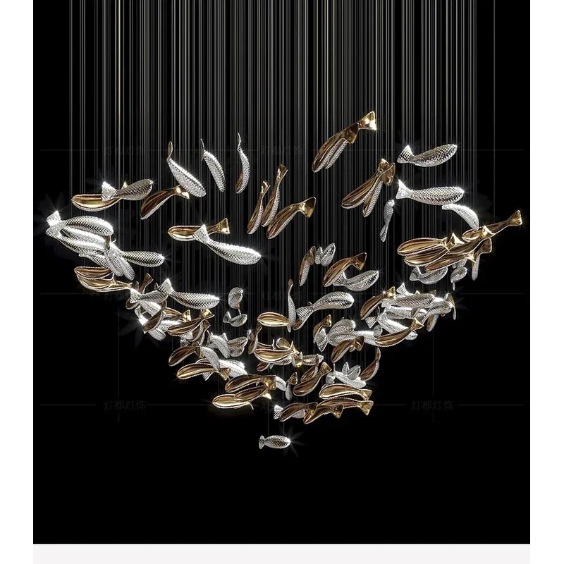 

Hotel Lobby Front Desk Sales Department Restaurant Fish Shape Creative Chandelier Glass Fish Gold Chrome