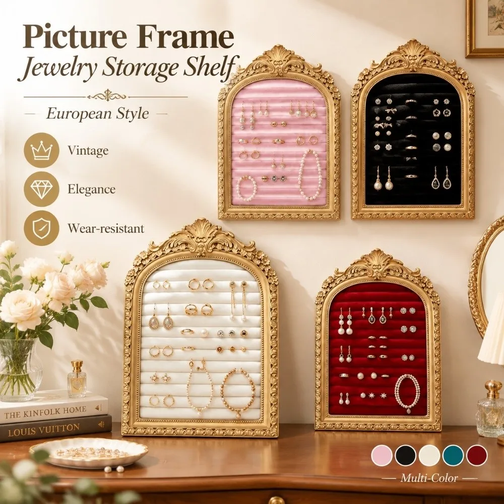 European Style Picture Frame Jewelry Storage Shelf Vintage Padded Velvet Earring Ring Display Board Multi-Color Elegance