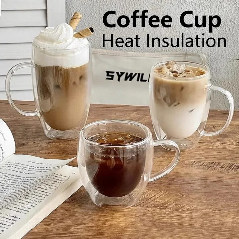 150-450ml Coffee Cup Double Wall Transparent Glass with Handle Double-layer Heat Insulation High Temperature Juice Milk Cup