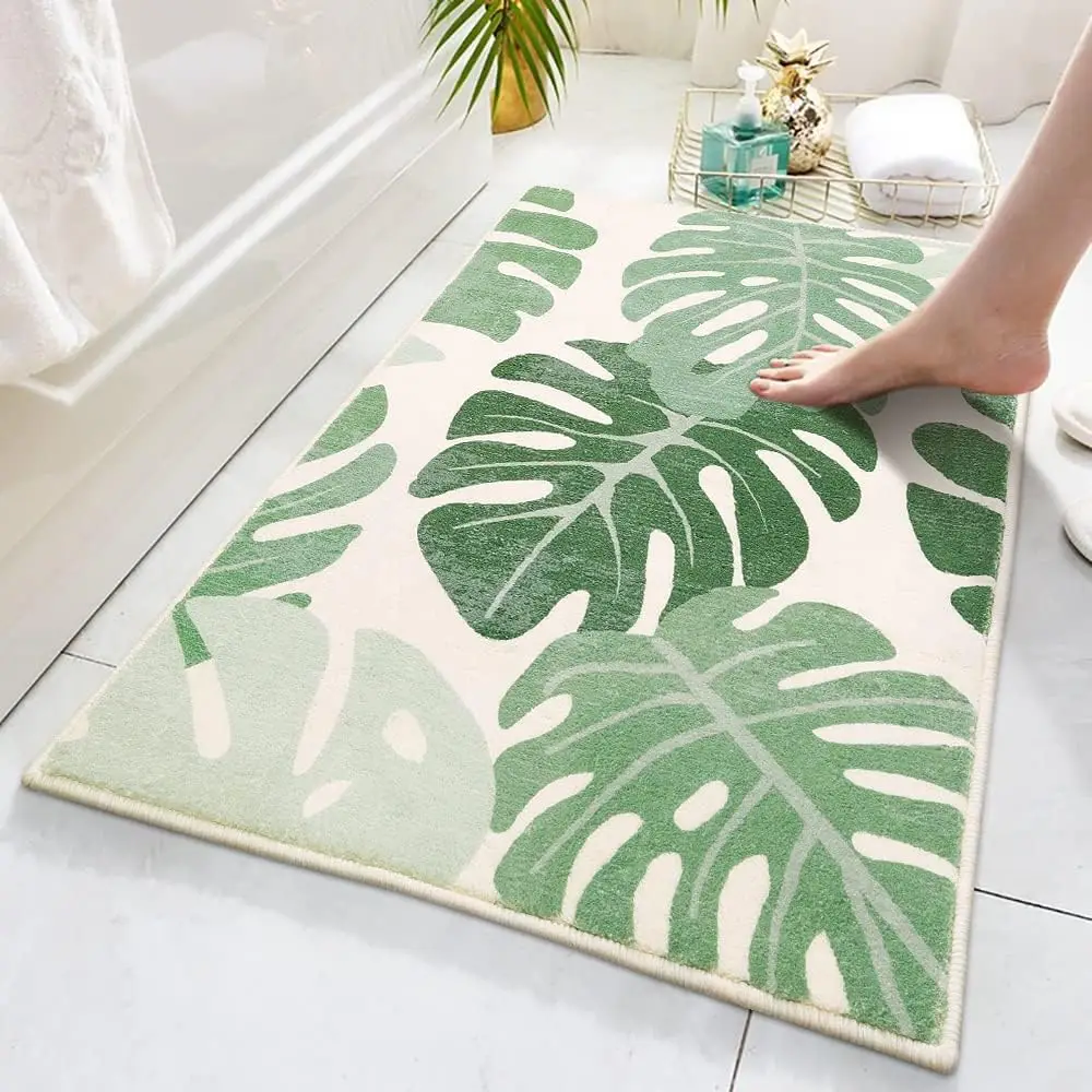 

Green Leaf Non Slip Bath Mat, Cute Washable Rug for Shower Bathroom Decor, 18x26 Inches