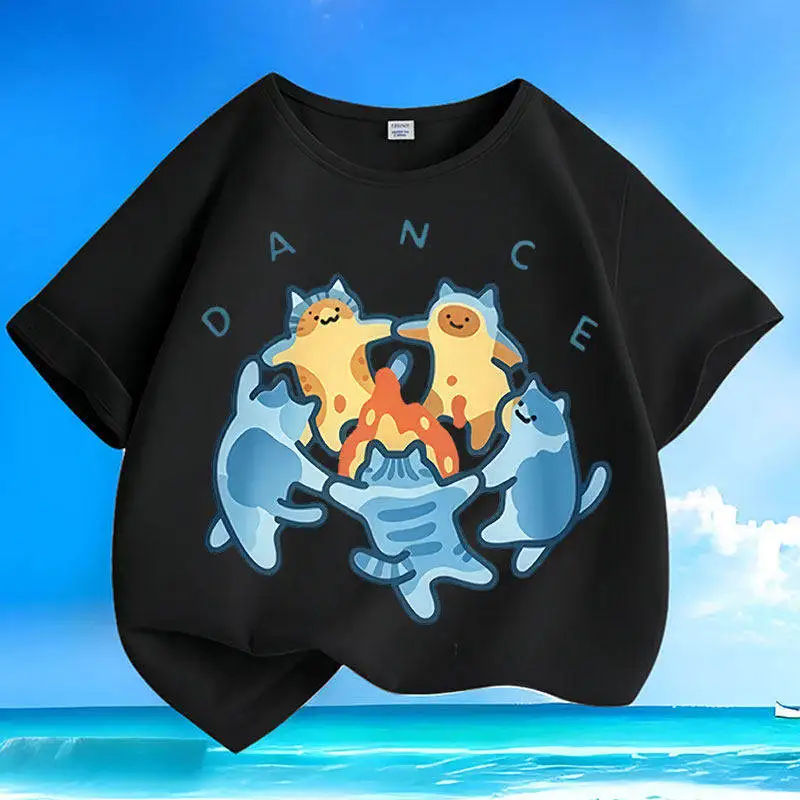 Cotton Summer  Cartoon Bonfire Cat Short Sleeve Men's and Women's Small and Medium Children's Round Neck Casual Parent Child Top