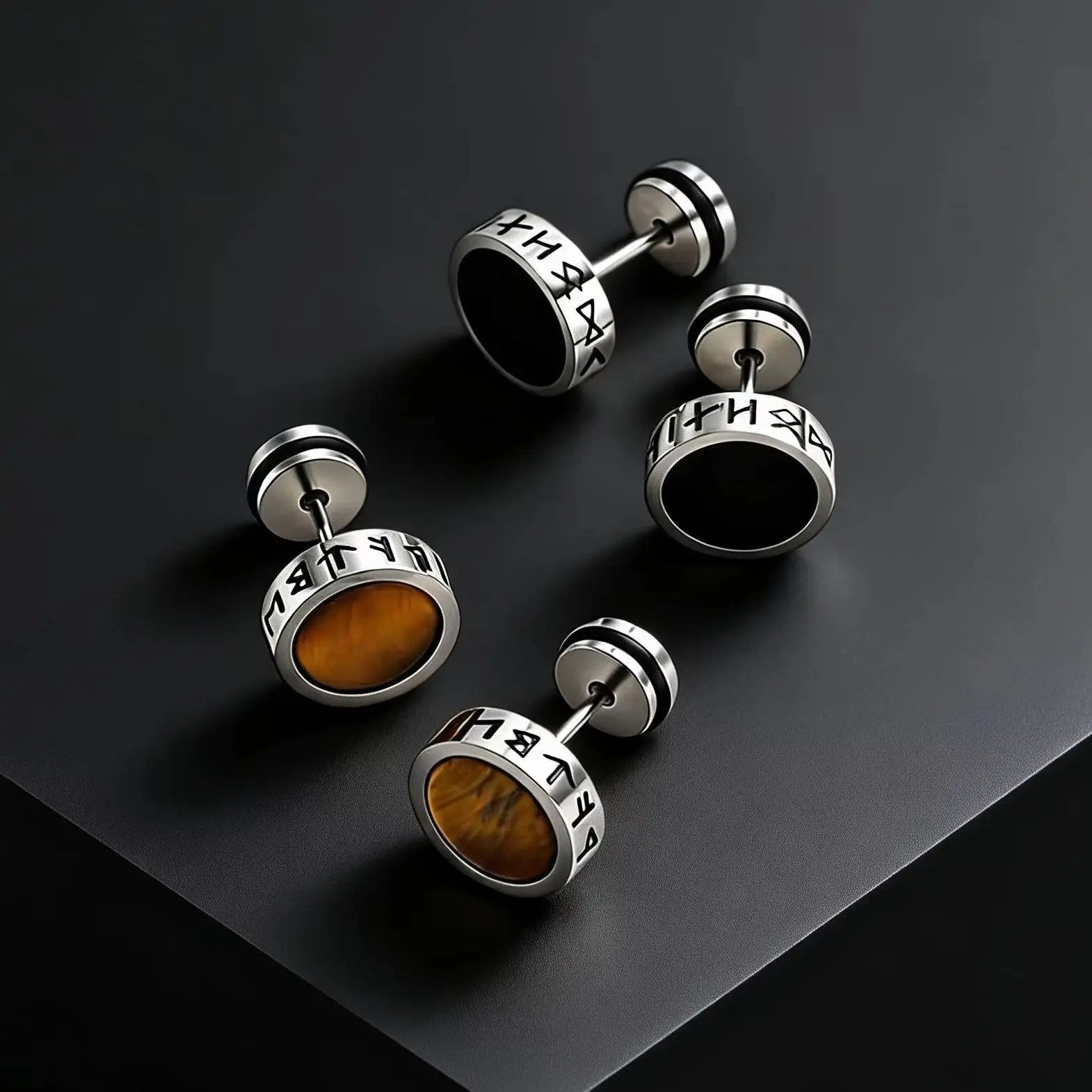 Men's Vintage Norse Viking Runes Round Earrings, Fashion Stainless Steel Stud Earrings, Stylish Natural Stone Jewelry Gifts