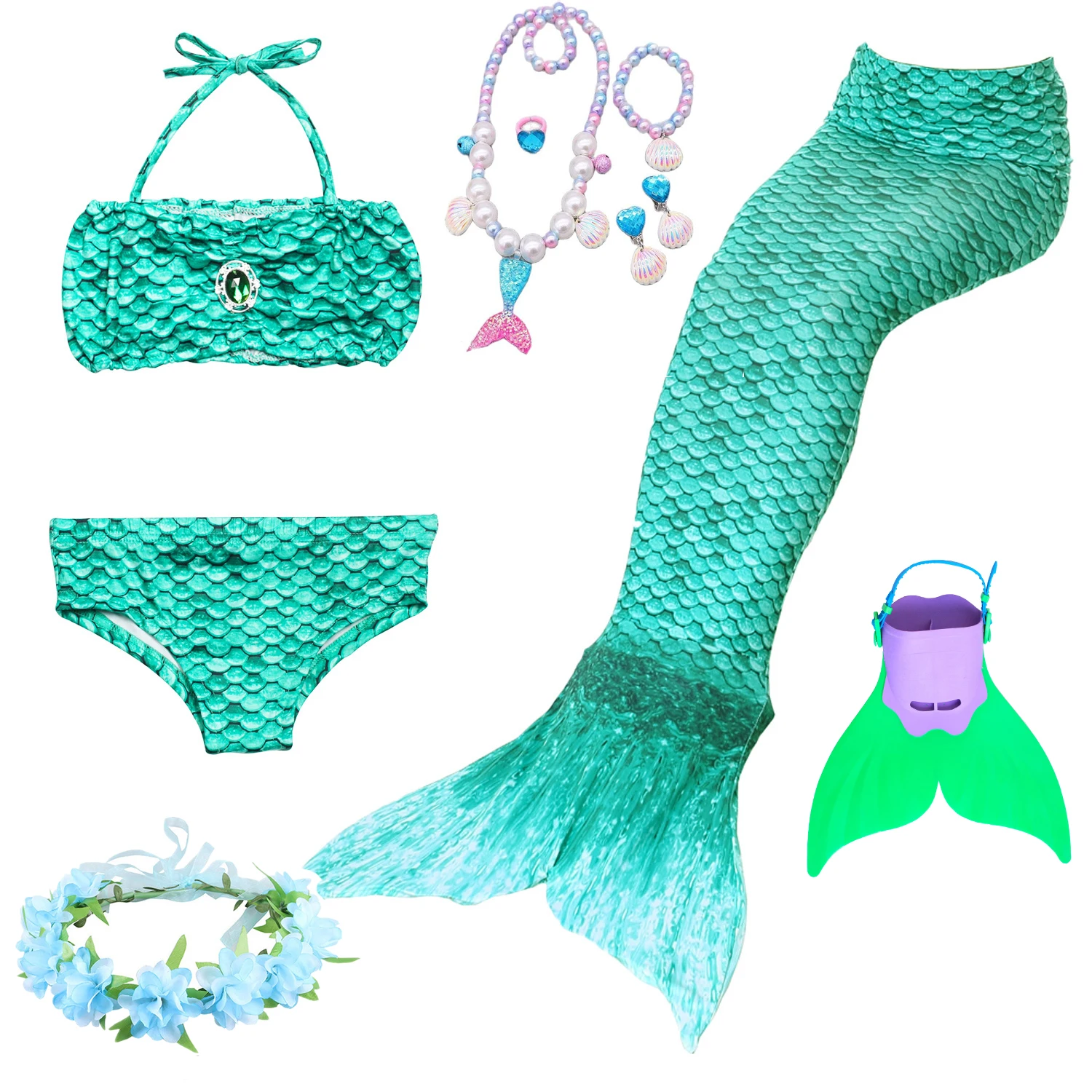 3pcs Girls Mermaid Tails Swimming Dresses Cosplay Costume Clothes Little Children Swimsuit for Kids Swimmable Halloween Gift