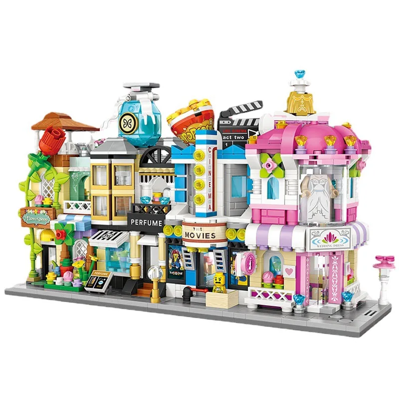 Mini blocs de construction Idea, vue de rue commerciale, fleuriste, parfumerie, magasin de mariage, cinéma, architecture, briques de construction, figurines, jouet pour cadeau