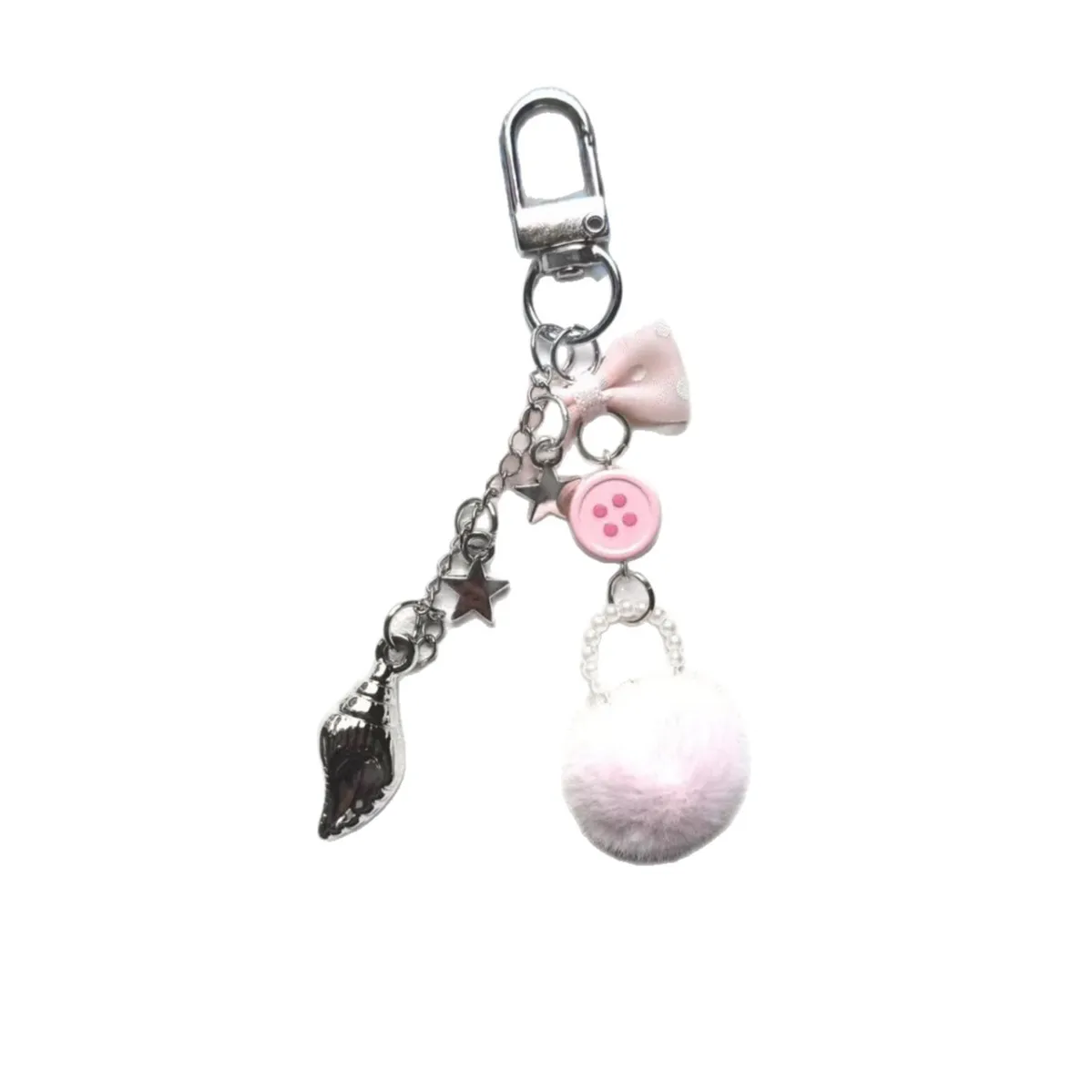 4Pcs Colorful Bow Pom‑pom Conch Star Keychains Y2K Dopamine Aesthetic Bag Charms Sweet Girl Cute Purse Pendant Accessories