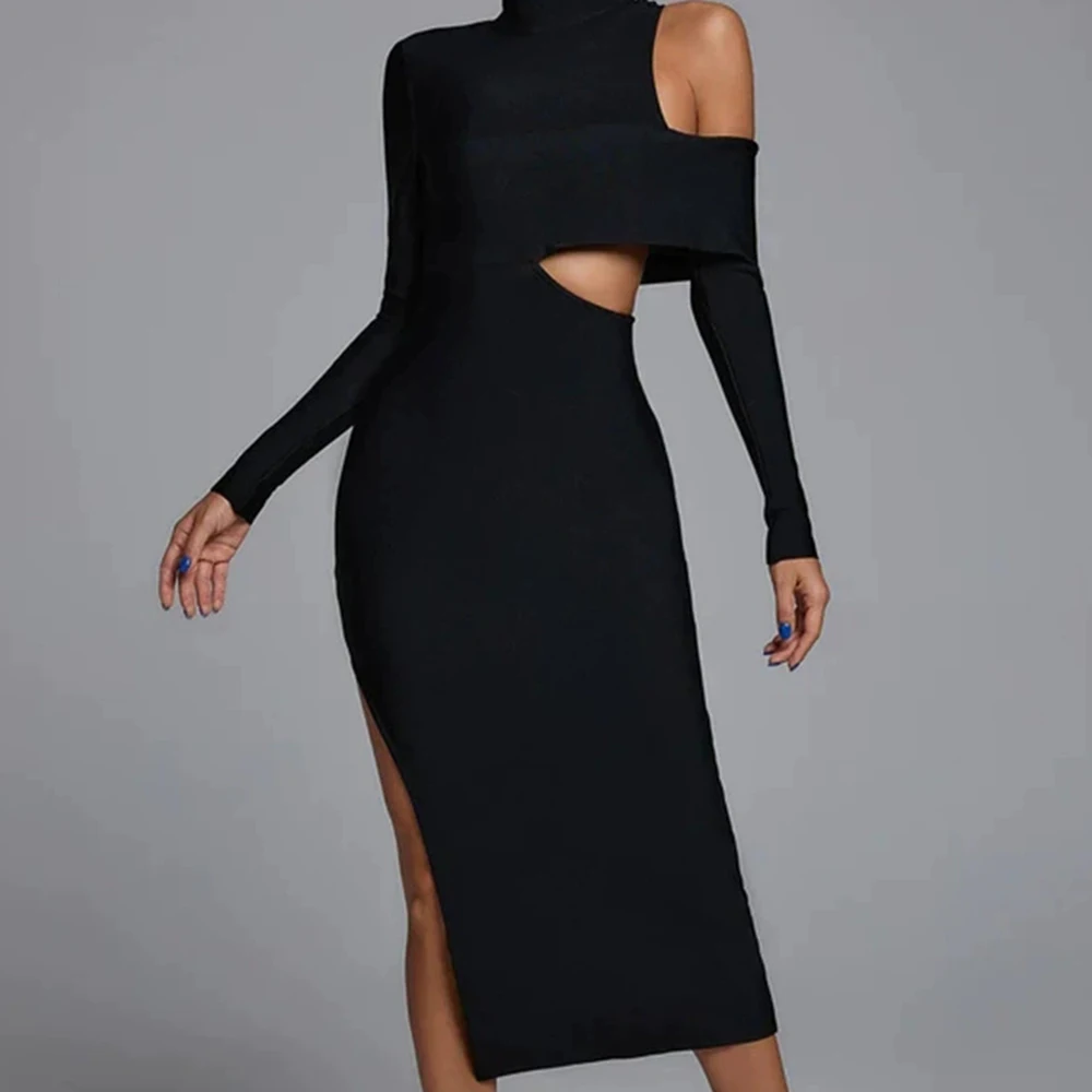 Mode dames fabriek directe verkoop lange mouwen hoge kraag uit de schouder lange jurk bandage jurk-GZXX1439