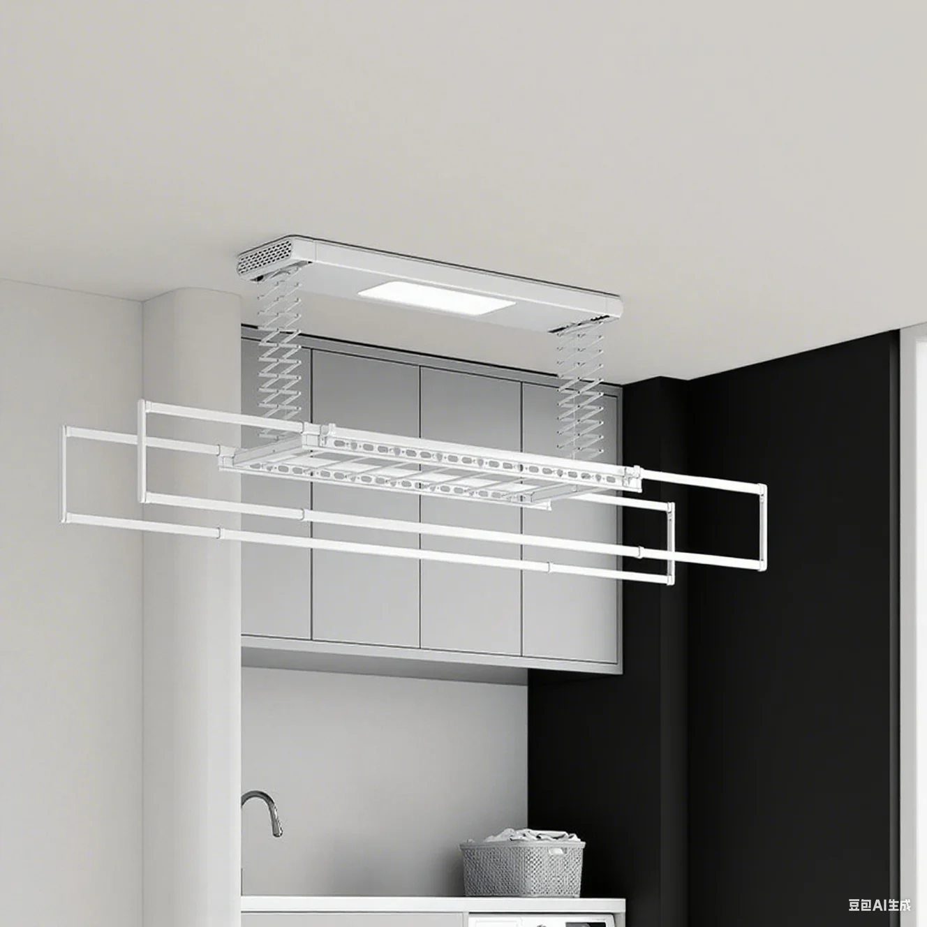 Rack de secagem de teto de varanda integrado ultrafino com operação inteligente ativada por voz