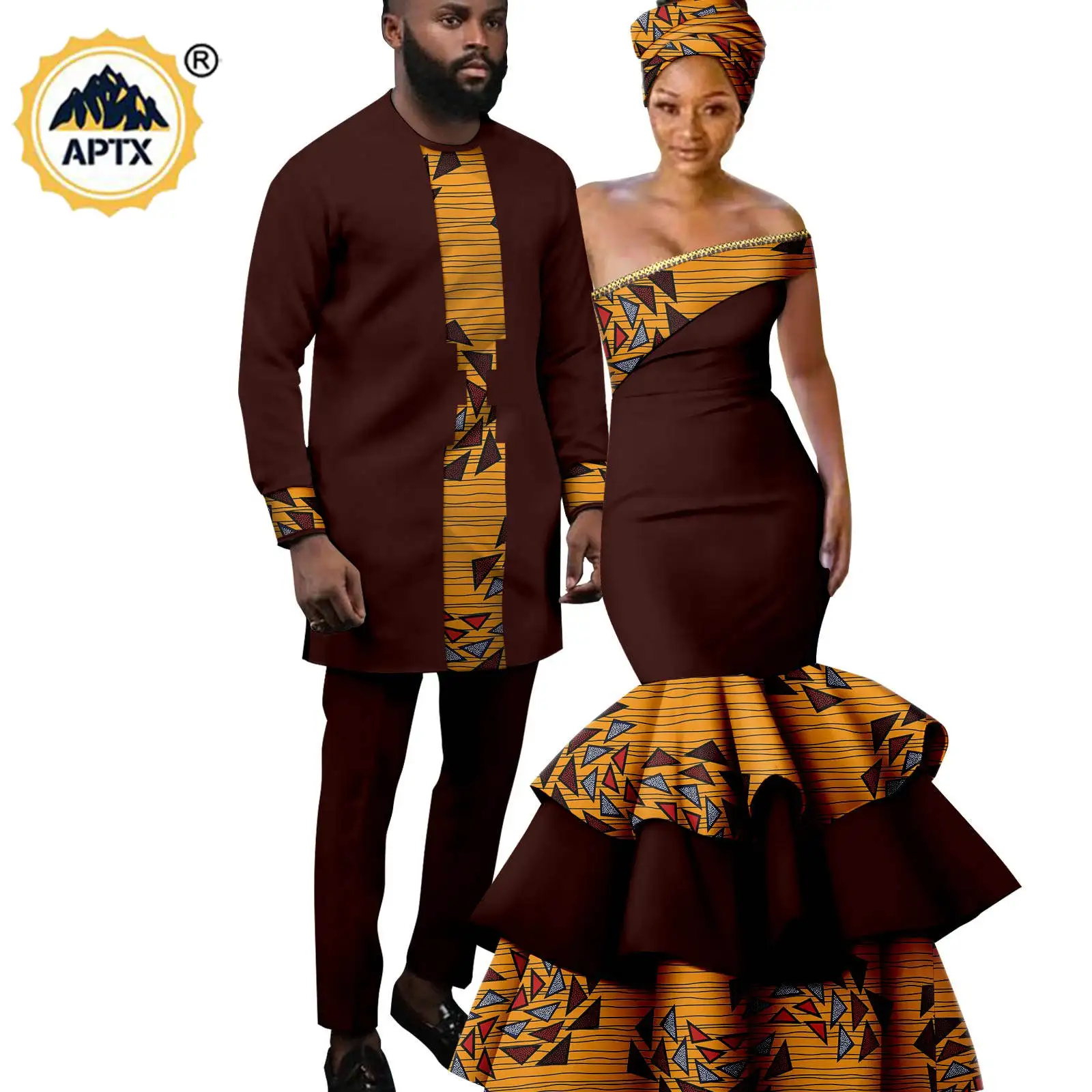 African Clothes for Couple Women Long Dresses Match Men Outfits Shirt and Pants Sets Dashiki Ladies Party Ruffles Dress Y23C002