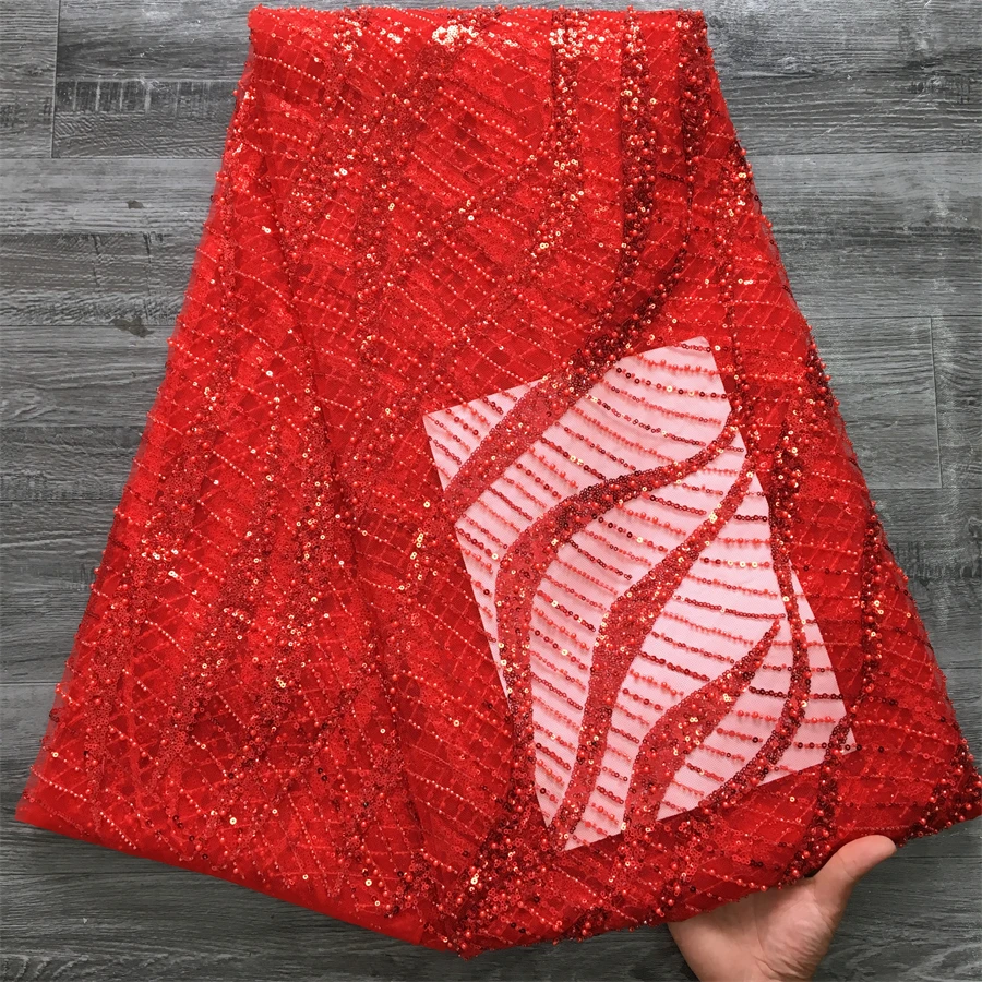 SJD French Mesh Lace Fabric 2024 Latest 5Yards African Sequin Beaded Lace Fabric For Wedding Party Women Dresses Sew A3814