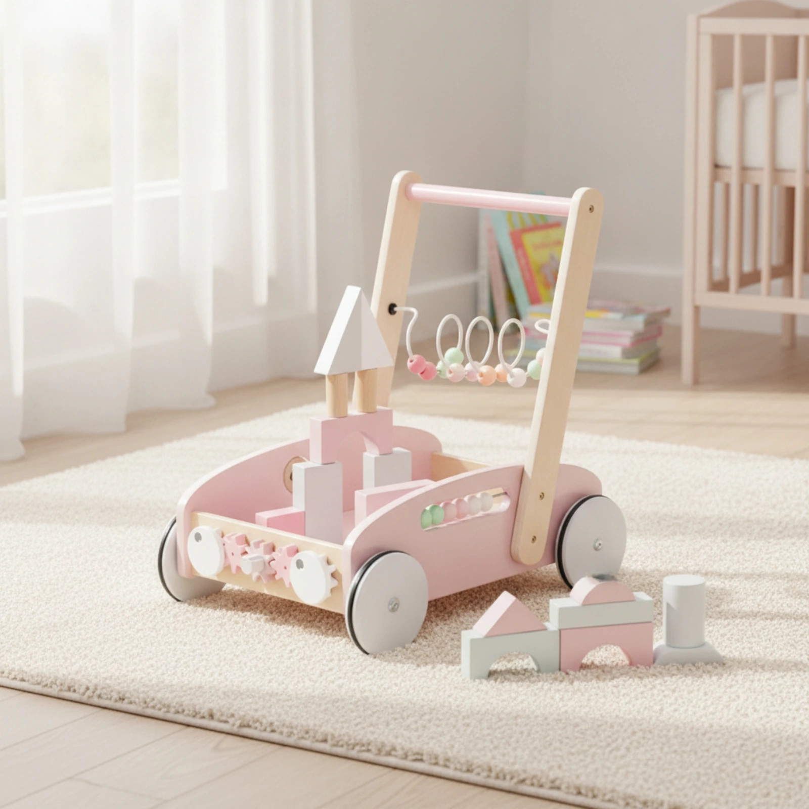 Toddler Push Cart Toy with Blocks Sensory Wooden Baby Toddler Push Cart Interactive Child-Centered for Toddlers, Playroom view 4