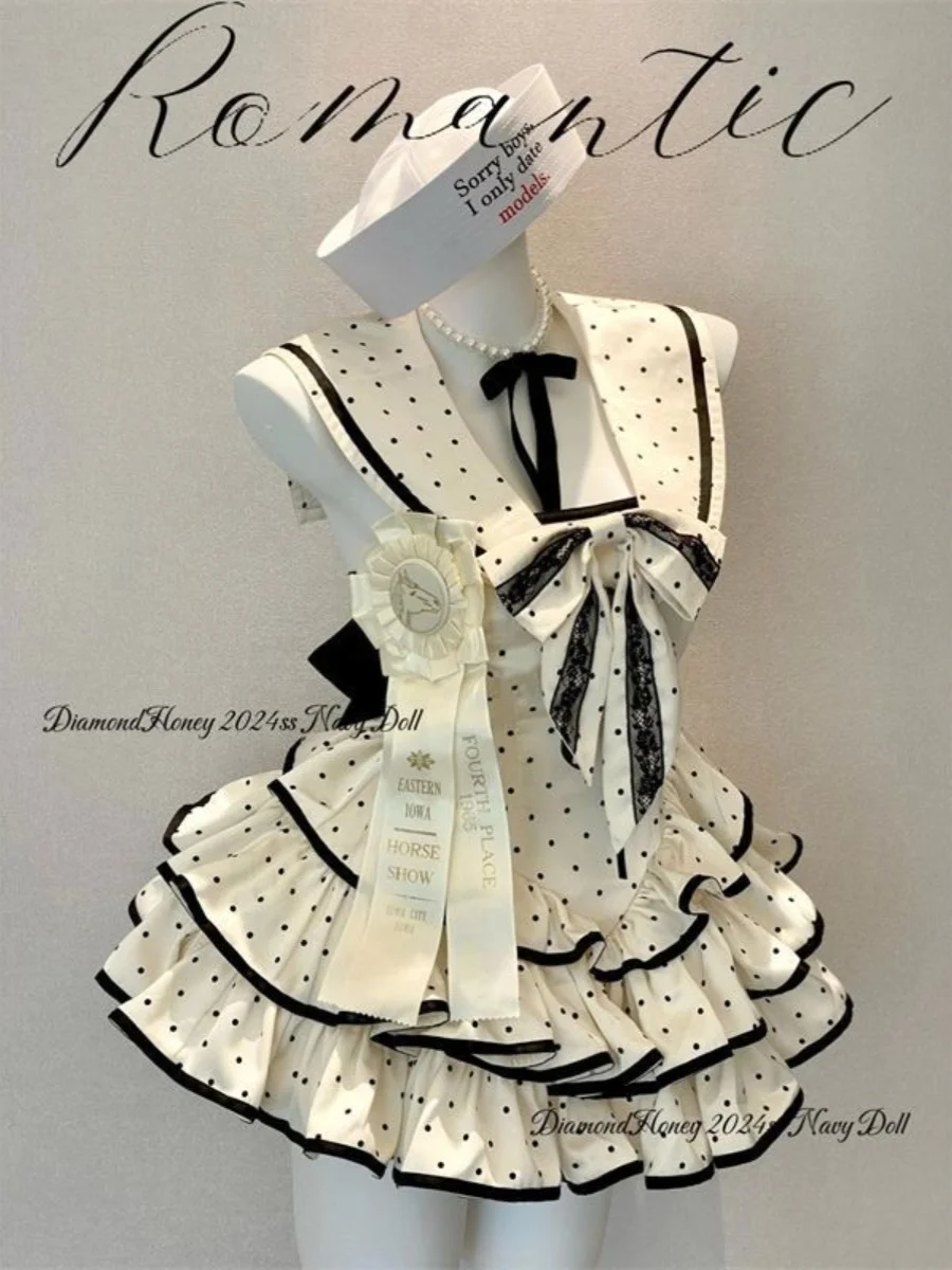 Harajuku Lolita dress skirt JSK Sweet Polka Dot Lolita Dress Navy Style Cute Backless Bow Tie Waist Puffy Skirt