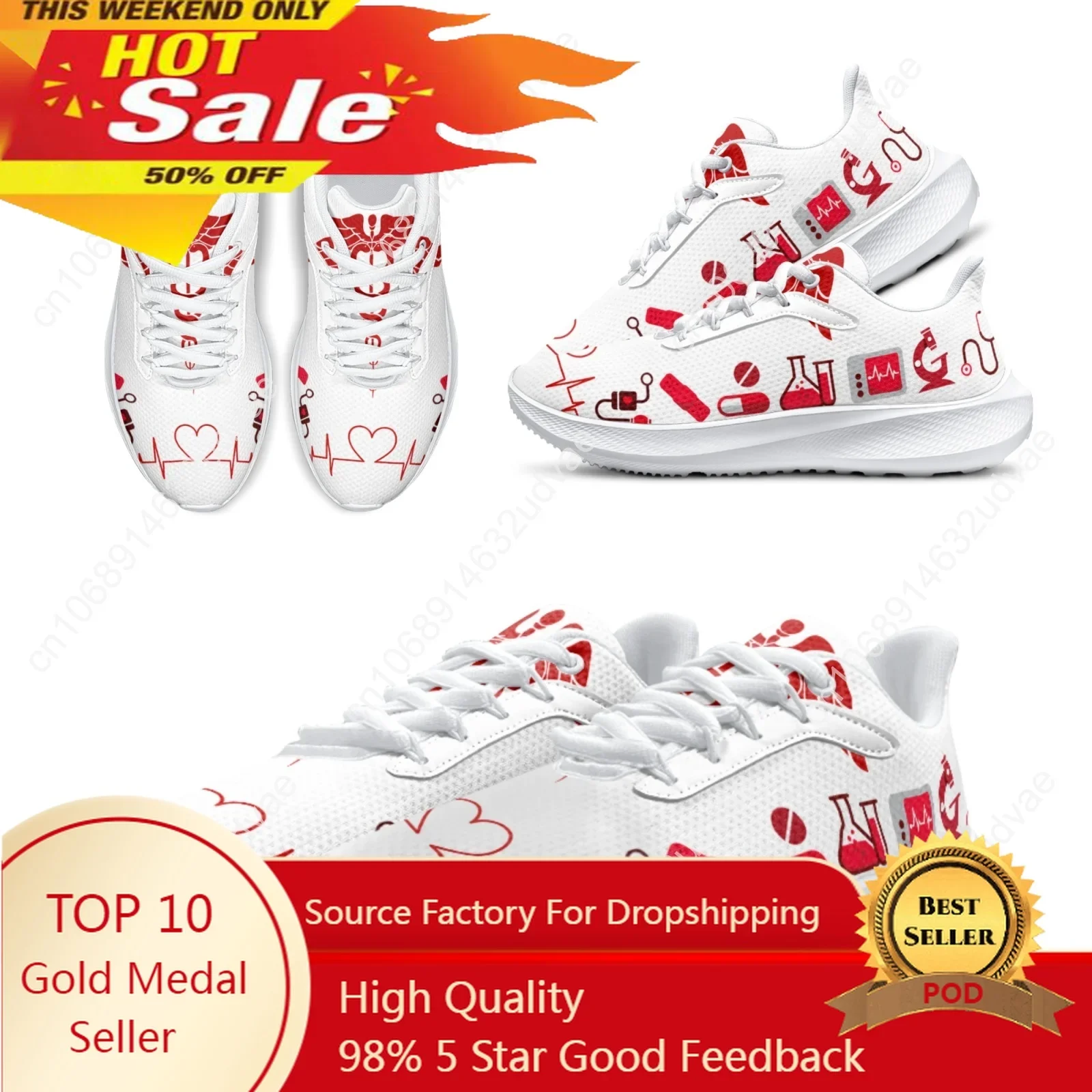 

White Nursing Shoes For Women Cartoon Medical Doctor Running Shoes ECG Printed Comfortable Girls Fitness Sneakers