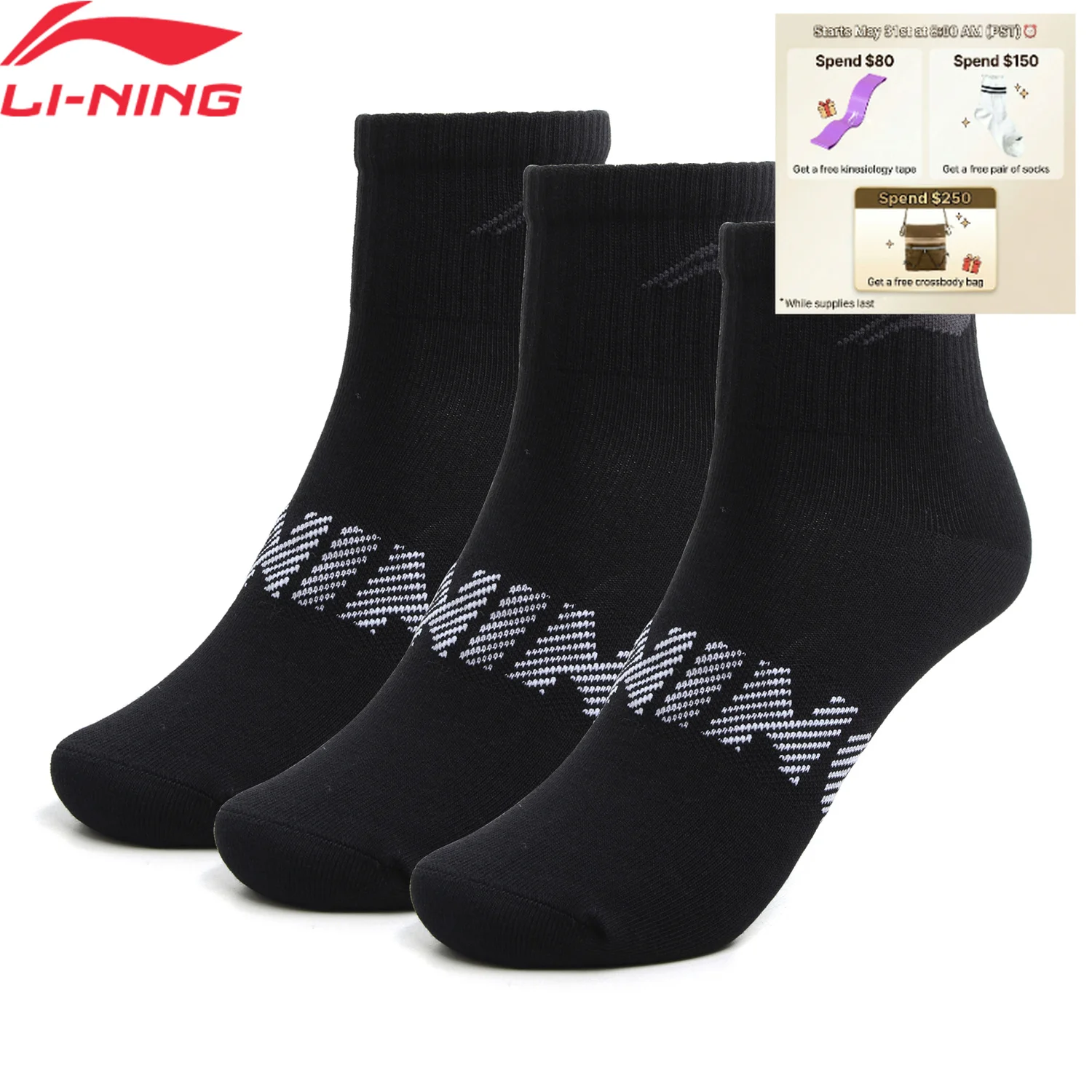 

Li-Ning Unisex 3Pairs Socks Sports Style Men Women 22-28cm Breathable LiNing Letters Comfortable Sport Sock AWSU025