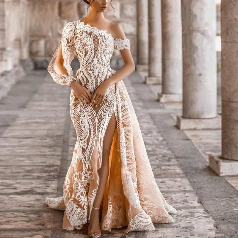 

Elegant Retro Evening Dress Champagne Wedding Dress Lace Long Sleeve Formal Party Dress Side Split Evening Prom Dress Customizat