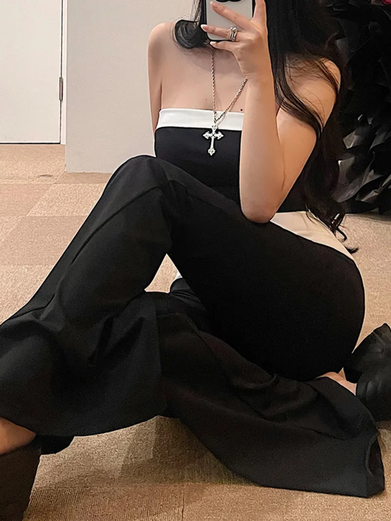 Spicy Girl Sexy Short Color Contrast Bra High Waist Casual Pants Floor Dragging Pants Trendy Fashion FLARE PANTS M8CK