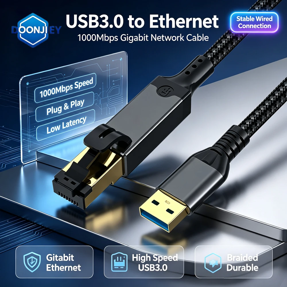 DOONJIEY USB Type C to RJ45 Ethernet Adapter Network 1000Mbps Gigabit Cable USB to RJ45 Gigabit LAN Network Cable USB Networking