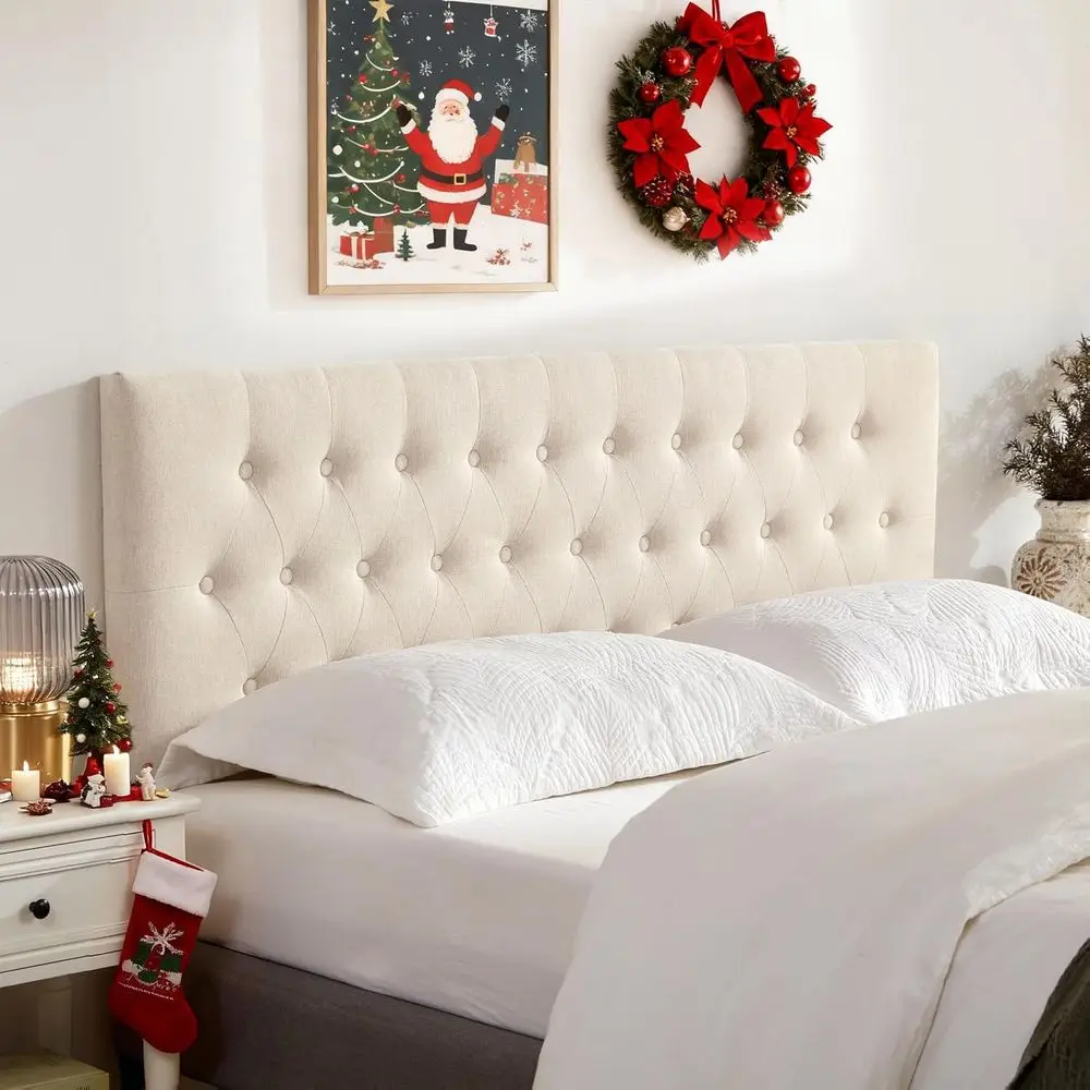 

King Size Upholstered Adjustable Height Bed Frame with Metal Legs, Beige Fabric, Button Design