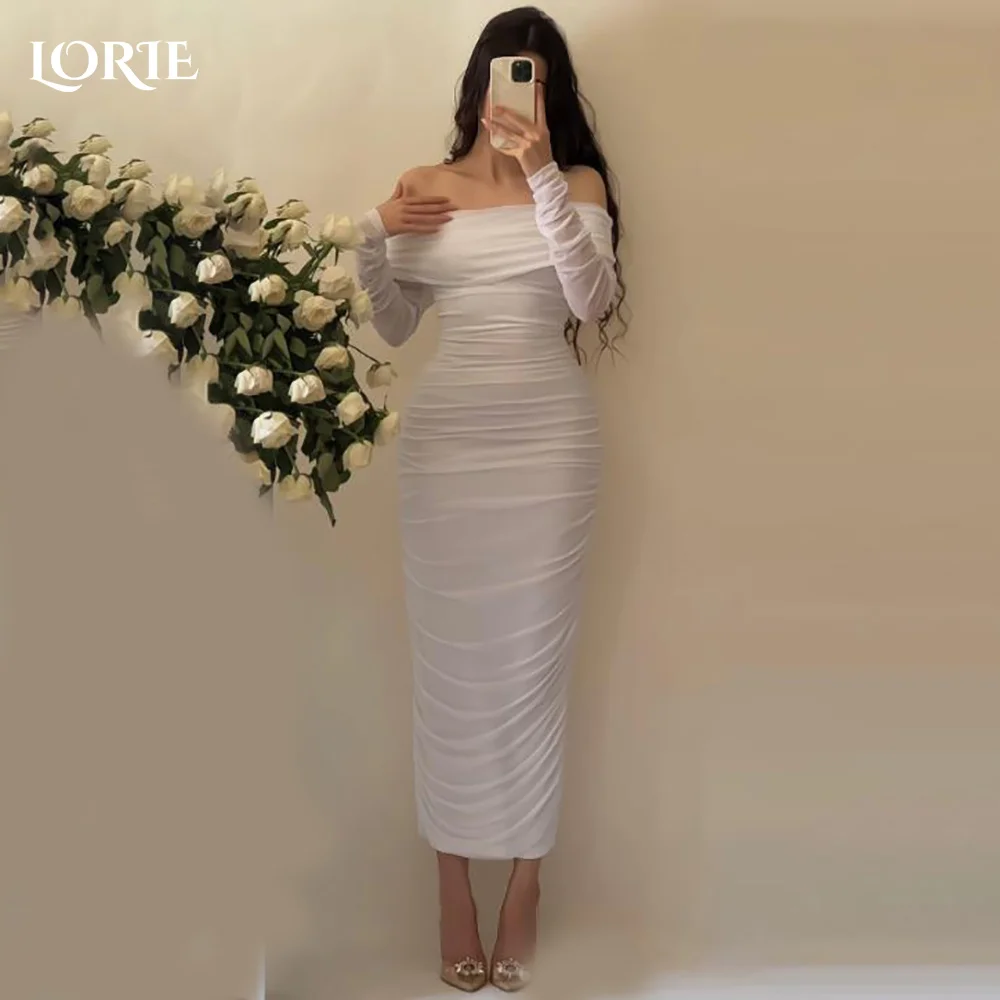

LORIE Beach Wedding Dresses Off Shoulder Pleats Tea Length Mermaid Bride Gown Long Sleeves Tulle Illsion Bridal Dress Customized
