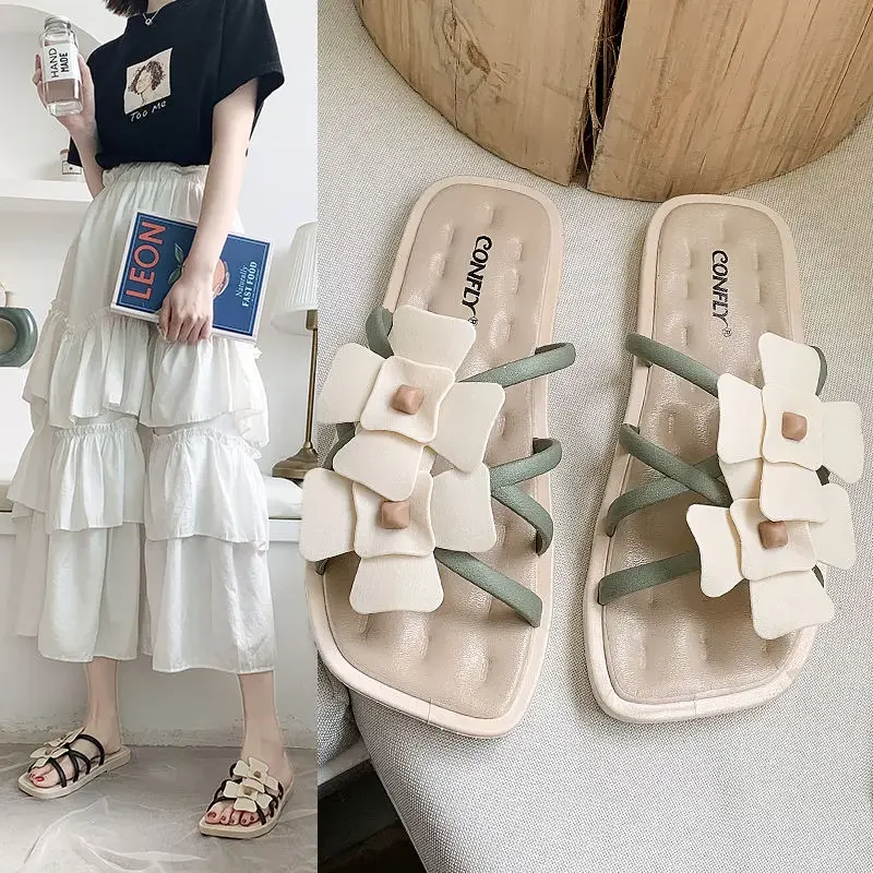 Open Toe Sandals Flat Shoes for Women Outside Pink Slides Flower on Beach Indoor Woman Slippers Clappers Comfortable and Elegan