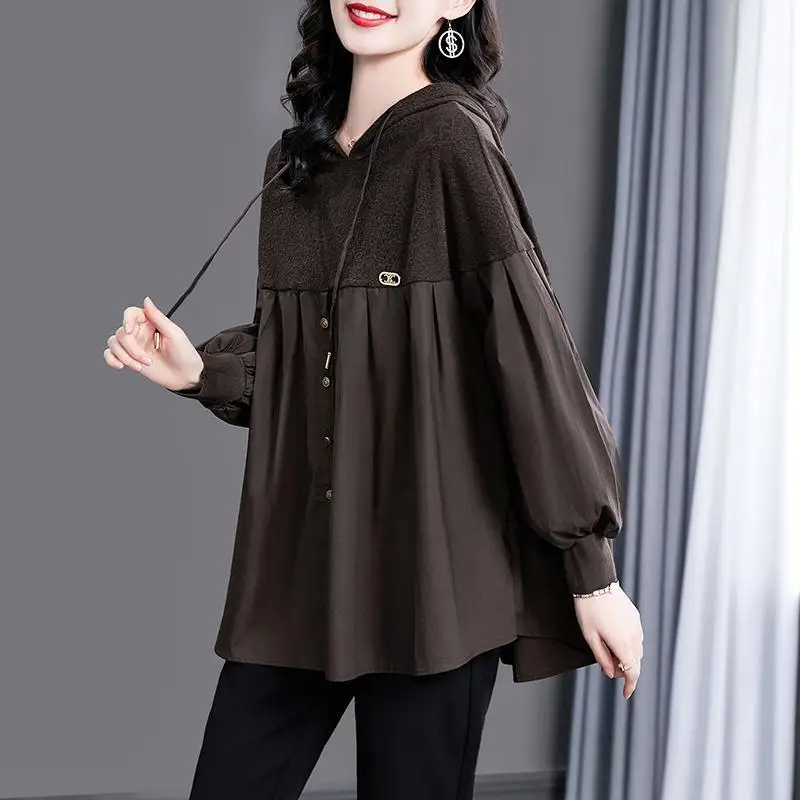 Fashion Spliced Folds Asymmetrical Hooded Blouses Women\'s Clothing 2023 Autumn Winter Loose Casual Tops Lantern Sleeve Shirts