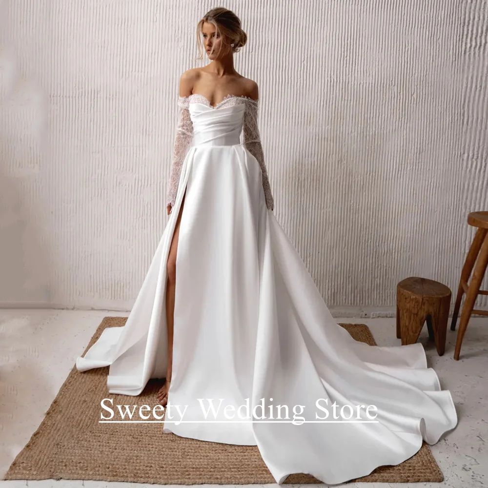 Charmantes Hochzeitskleid, Vestidos De Novia, maßgeschneidert, herzförmig, volle Ärmel, Perlenstickerei, Spitze, Falten, geteilt, Hofzug, Brautkleid