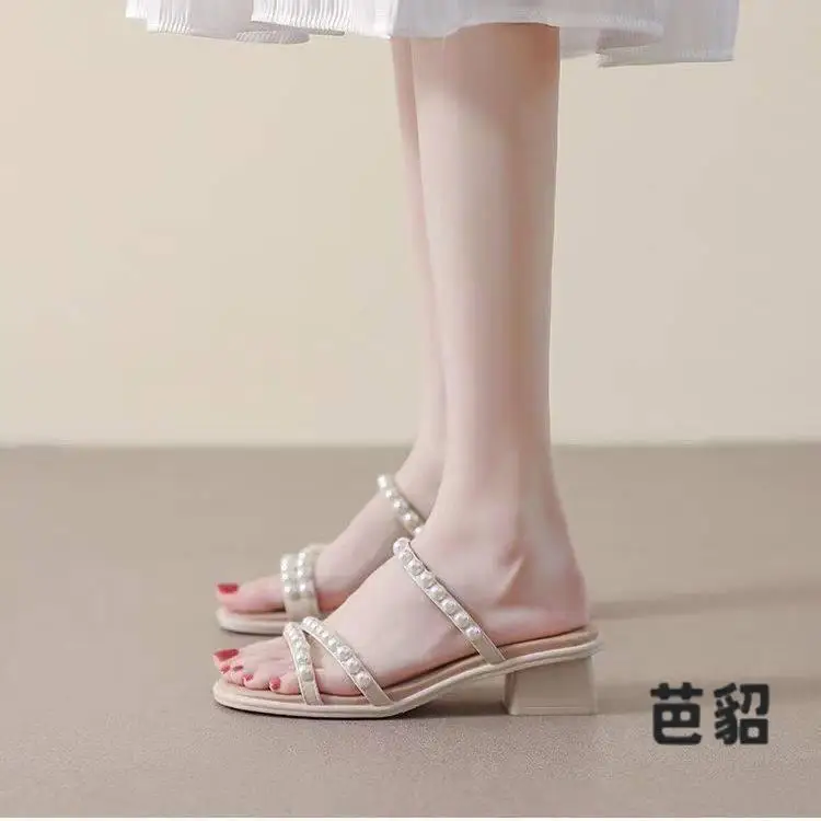 Fashionable Pearl Rivet Sandals Women's Slippers Outdoor Wear Summer Fairylike Flat Heels Korean Style EVA Lined Slip-On Shoes