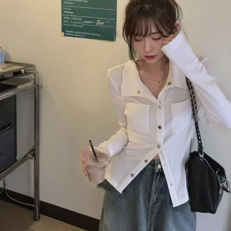 Herbst Damen Graues Einfarbiges Oberteil mit Reverskragen und Langen Ärmeln Einzigartiges Nischendesign Elegante Textur Vielseitig Kombinierbar Koreanischer Chic Minimalistischer Oberteil – Detail 4