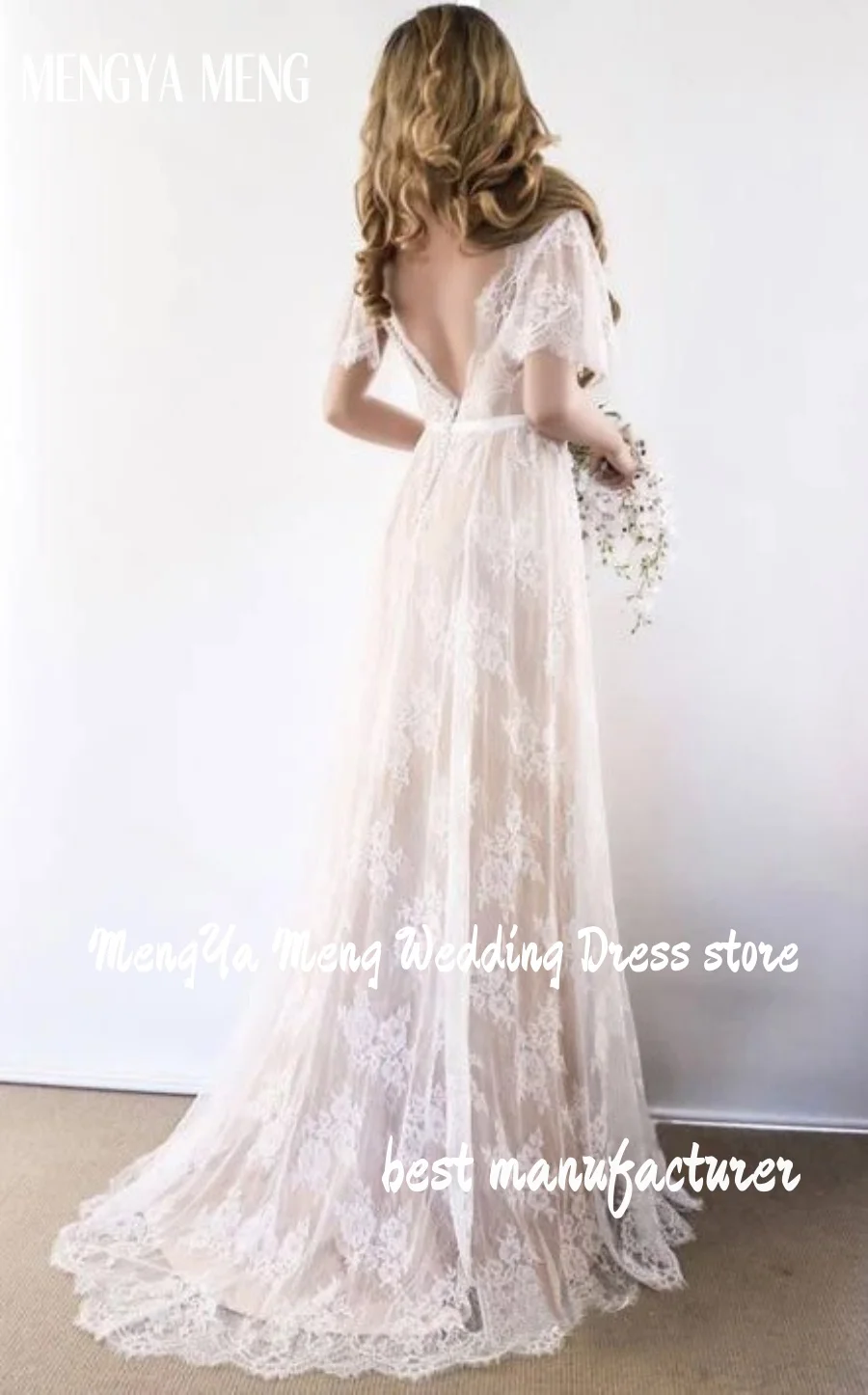 Elegant Boho Lace V-Neck Backless Beach Wedding Dress Short Sleeves A Line Cap Sleeve 3D Flowers Bohemian Bridal Gown Customized