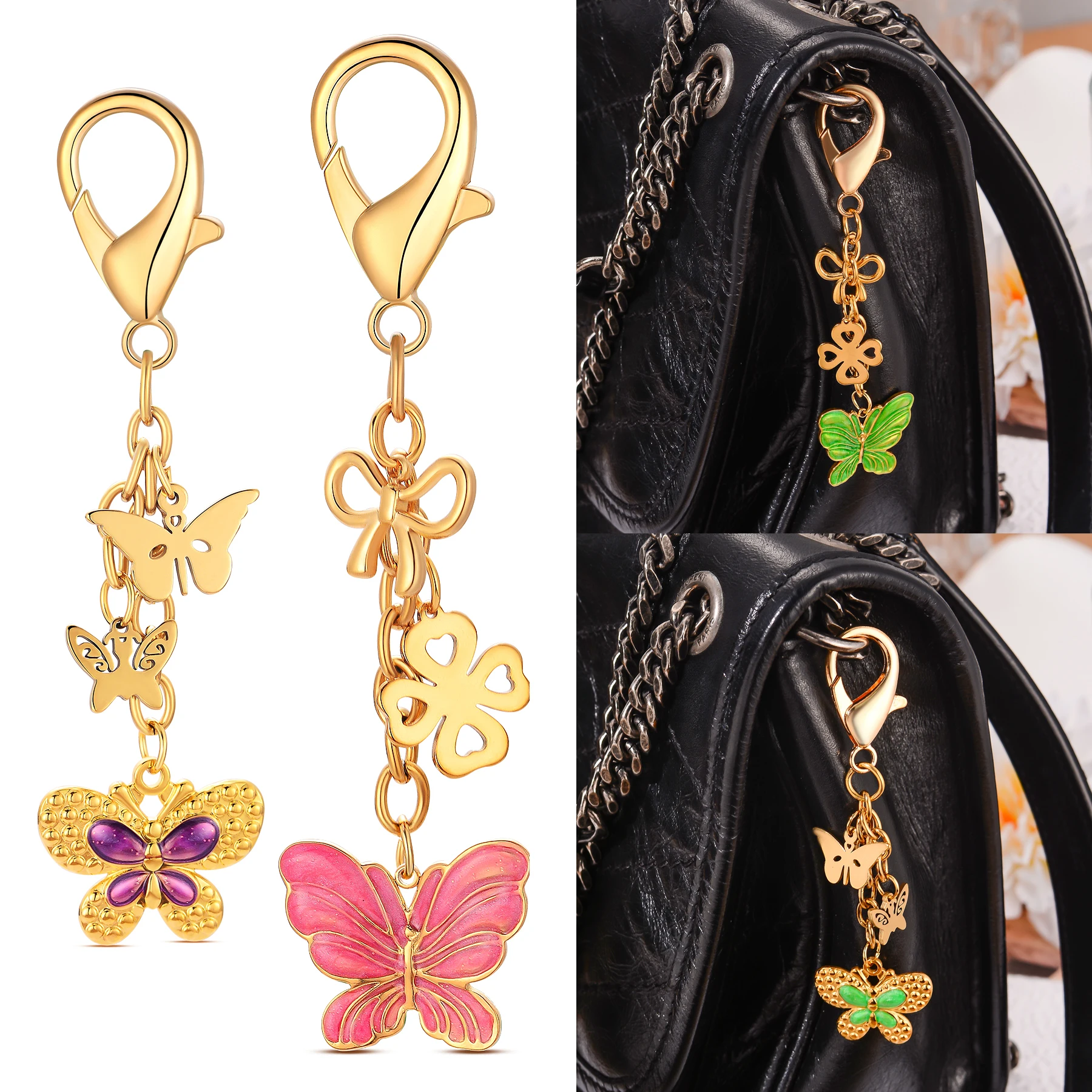 

10Pcs Wholesale Fashion Butterfly Stainless Steel Keychain Enamel Charms Pendant for Handbag Earphone Box Accessories