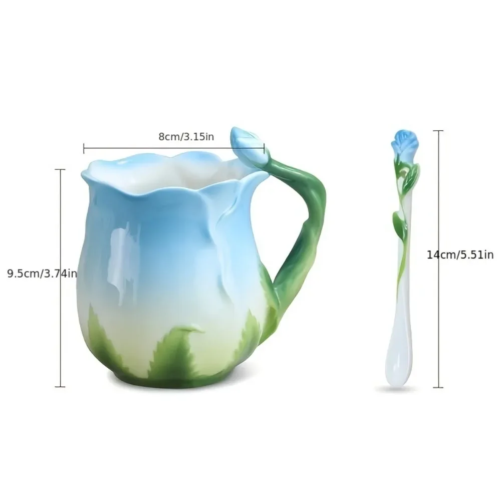 3D Rose Flower Coffee Mug Ceramic Coffee Cups Household Breakfast Milk Cup with Spoon Summer Winter Drinkware Birthday Gifts