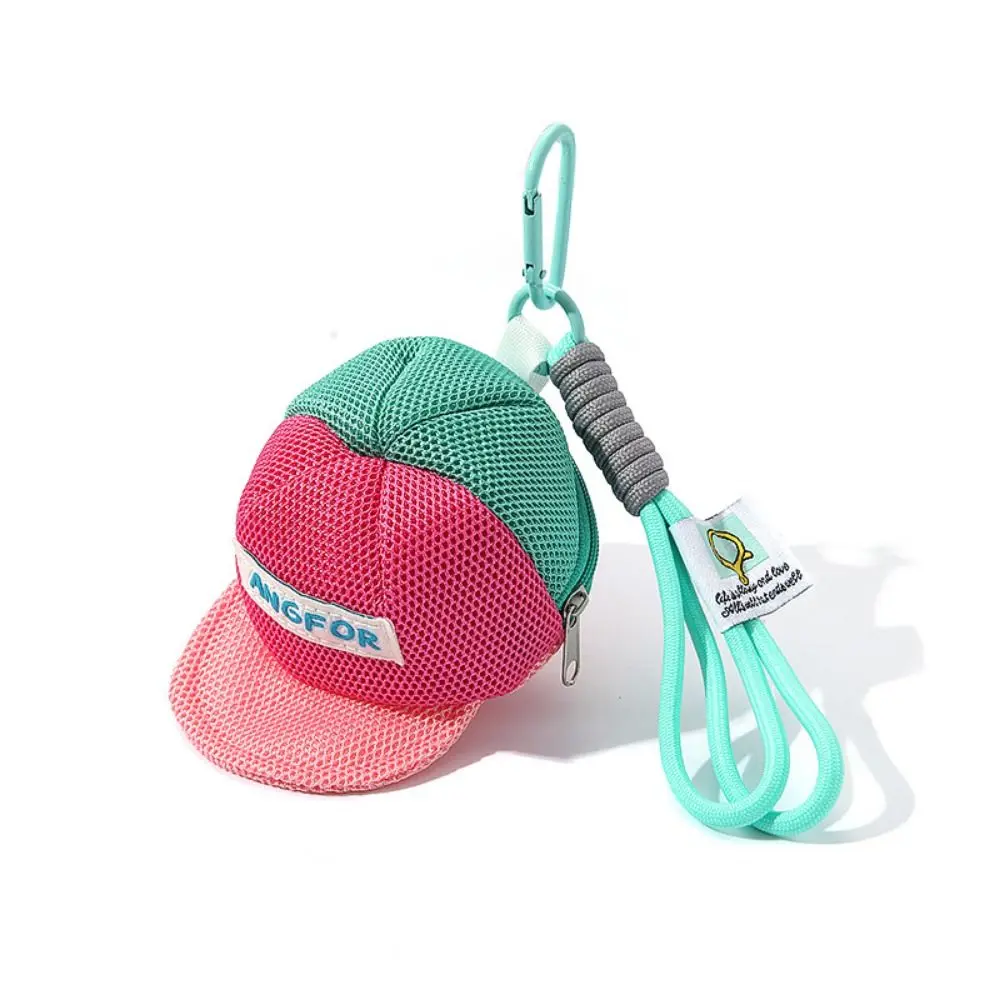 Keychain Hat Shape Coin Purse with Handle Rope Decorative Portable Wallet Bag Zipper Closure Anti Loss Creative Hat Mesh Pouch