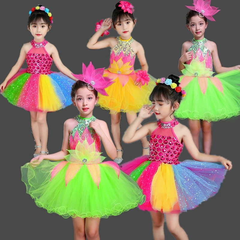 Girls newcostume Children\'s pompadour dress Princess sequin yarn kindergarten dress chorus dress girls dance performance costume