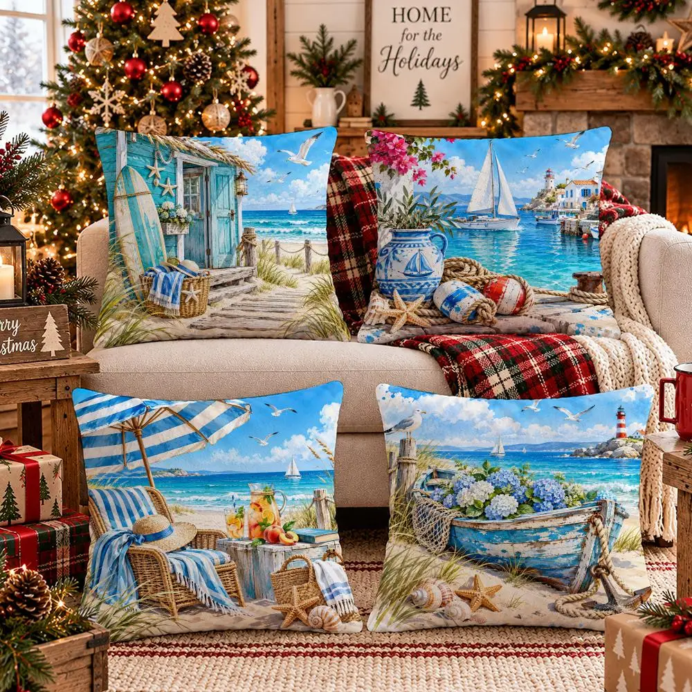 Azure Coastal Escape Cushion Cover 1/4PCS Short Plush Pillow Cover Set Soft Decorative Cushion Case for Sofa Bed Home Decor