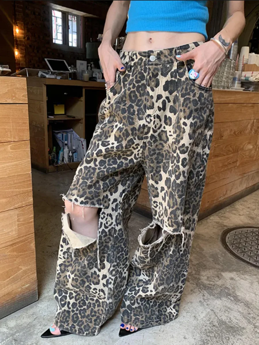 

Fmxires 2025 New Leopard Ripped Wide Leg Jeans For Women High Waist Patchwork Button Loose Fashion Denim Pant Female Clothing