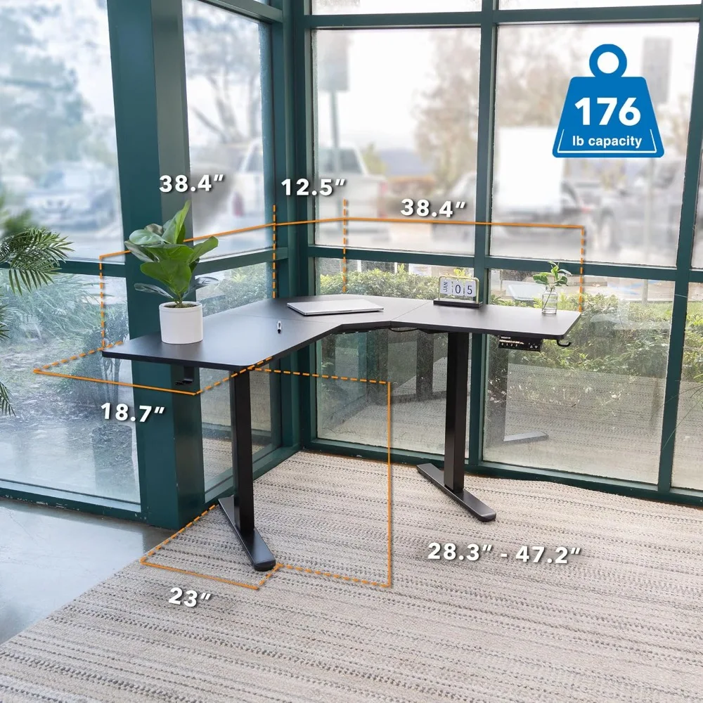 Meja Sudut Berbentuk L yang Dapat Disesuaikan Tingginya dengan Listrik, Rangka Baja Hitam, Workstation Berdiri untuk Ruang Sudut