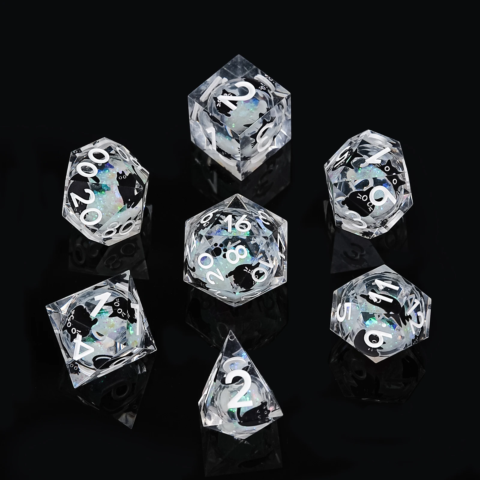 1-7Pcs DND White Quick Sand Resin Dice Black Cat Kitten Dice Set Multi-sided Polyhedral Dice for D&D COC Role RPG Table Game