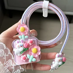 3D Pink Flower Charger Protector Cover For iPhone 11 15 14 13 Pro 11 12 18W 20W Charger Cable Data Line Winder Protective Sleeve