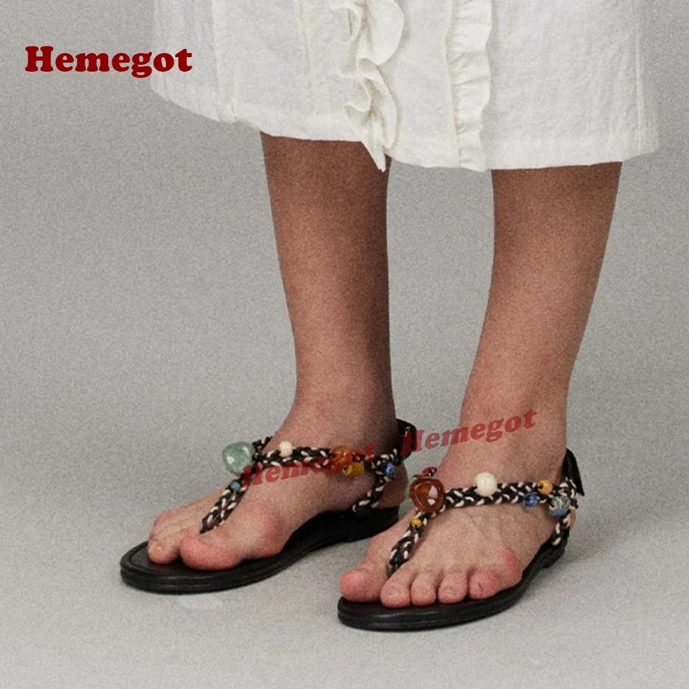 

Gemstone Colorful Flat Sandals Clip Toe Weaven Slingback Splicing Women's Sandals Beach Side Air Black Roman Shoes Luxury Sexy
