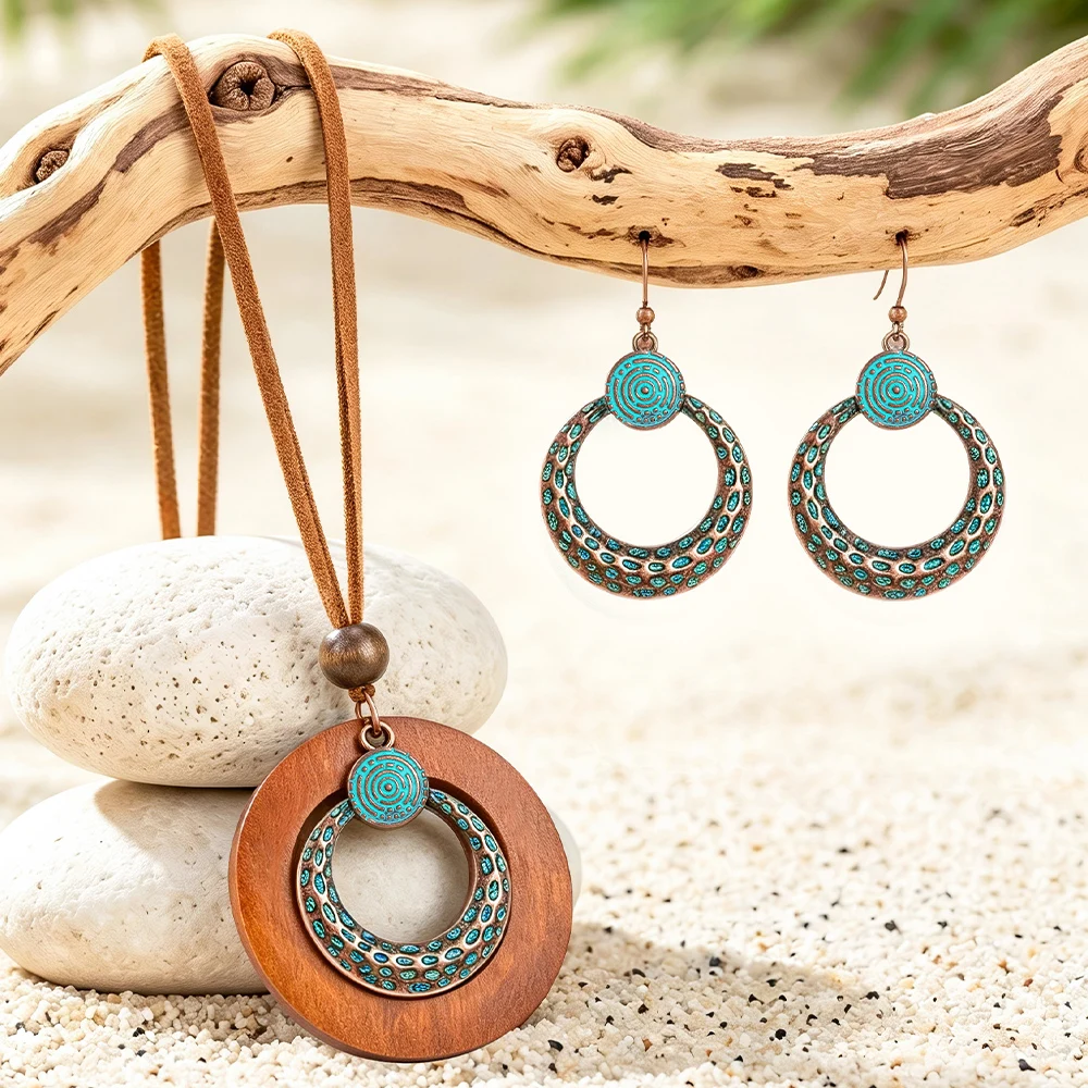 Bohemian-Style Circle Pendant Necklace & Earrings Set — Women's Vintage Suede Cord and Wooden Bead Jewelry (3-Piece Set)